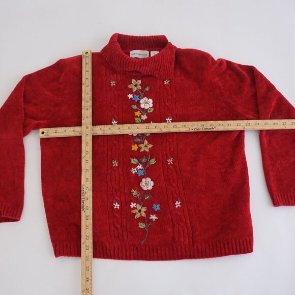 Vintage Alfred Dunner Red Floral Embroidered Chenille Knit Sweater Grandmacore L - Picture 3 of 9
